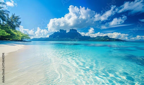 Breath-taking Sunshine Beach in Tahiti. Luxury Vacation Seascape. Solitude concept. photo