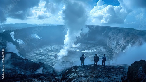 Hikers Beside an Active Volcano's Rim with Rising Steam, Showcasing Earth's Raw Power and Beauty