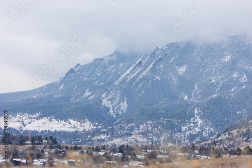 Landscape of Boulder Colorado, Flatirons, Snow, Fog