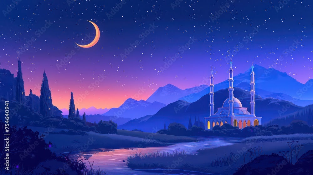 Naklejka premium a magnificent mosque with views of the river beside it and mountains and beautiful views. by the light of the full moon. Illustration AI generate