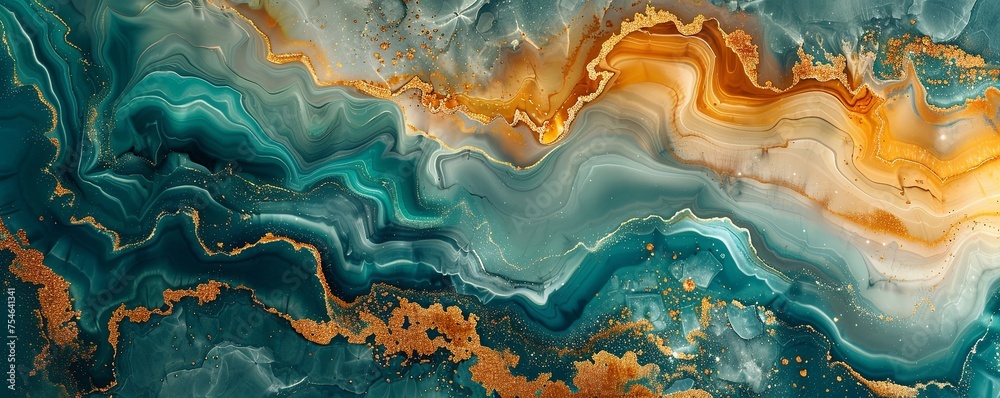 Luxurious Marbling Background. Paint Swirls in Beautiful Teal and Orange colors, with Gold Powder. Generative AI. Luxurious Marbling Background. Paint Swirls in Beautiful Teal and Orange colors, with Gold Powder. Generative AI.