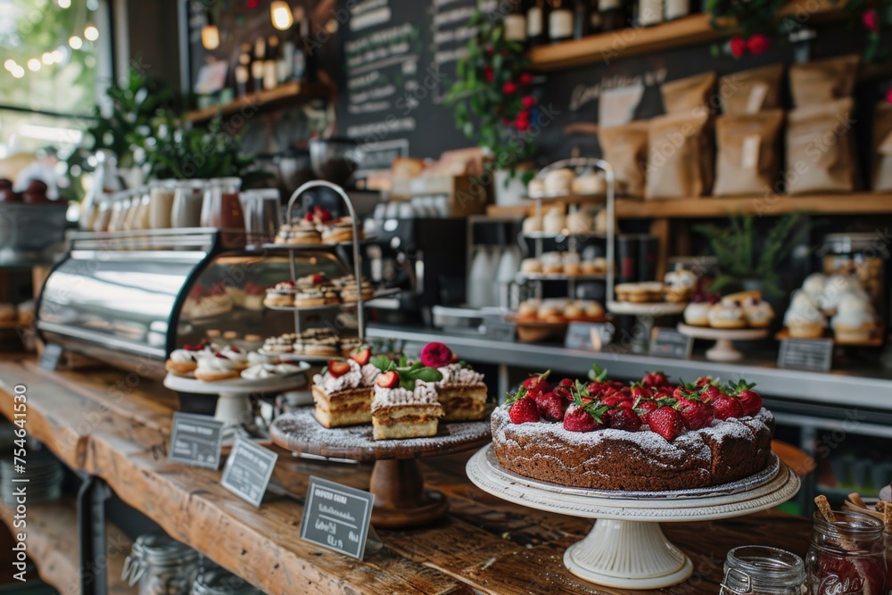 An artfully designed coffee and cake display in a popular shop