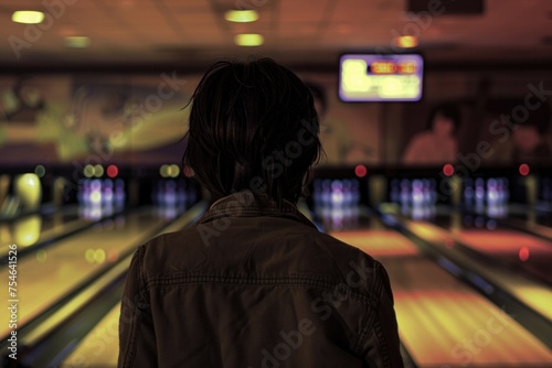 A bowler awaits their turn at an alley, gazing at the lit lanes and pins, immersed in the ambiance.