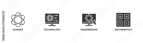 STEM banner web icon vector illustration concept for science, technology, engineering, mathematics education with icon of flask, microscope, artificial intelligence, processor, machine, and calculator