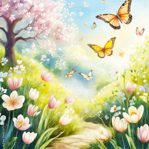 따뜻한 봄날에 산들거리는 봄꽃과 나비 © 선미 안