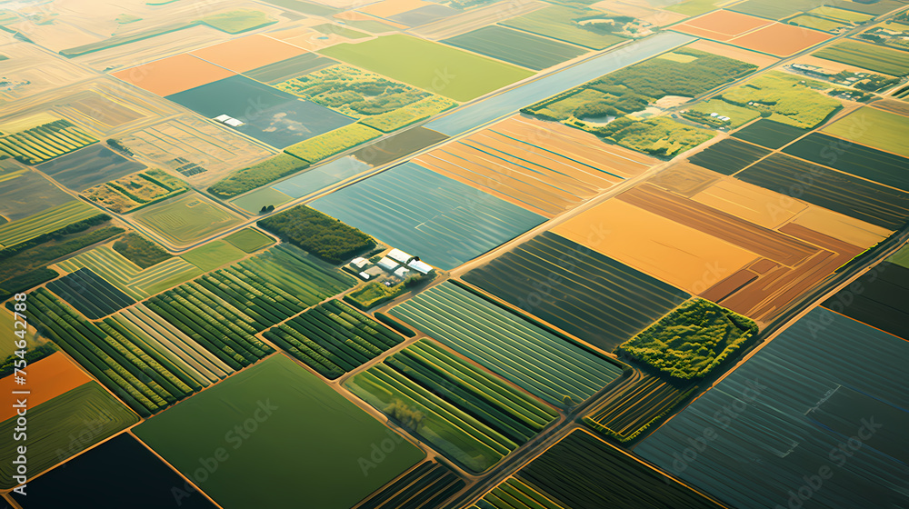 Fototapeta premium Aerial top view of panorama seen from above plain, cultivated land divided into geometric shapes on spring background