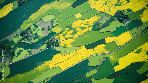 Aerial top view of panorama seen from above plain, cultivated land divided into geometric shapes on spring background