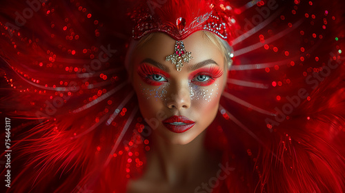 Closeup face of a drag queen with big red eyelashes and red feathery head piece