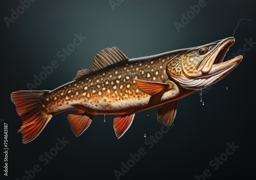 A large brown trout in the river . Beautiful fish. Dark brown colouring with lovely white speckle spotted markings . 