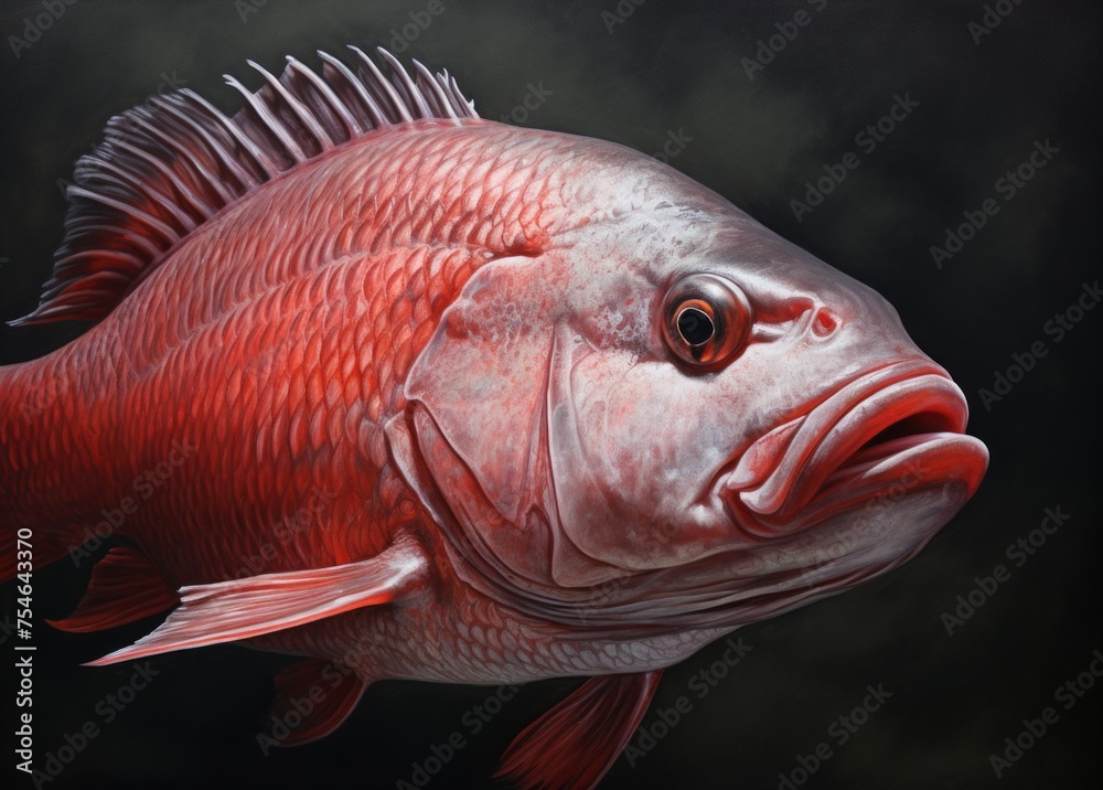 Red monster size snapper fish on the hunt for food in the dark water depths. 