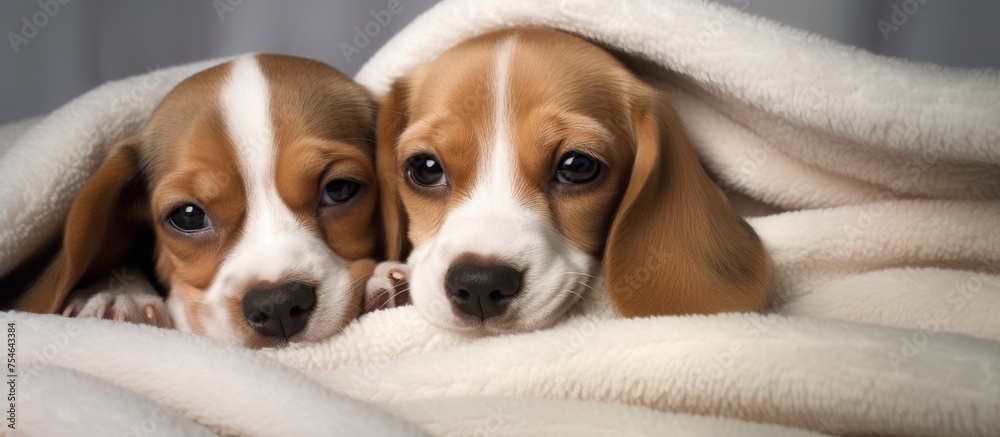 Two cute Beagle puppies are comfortably snuggled together under a white blanket on a bed in a cozy home environment. The view from above shows the pups peacefully resting.