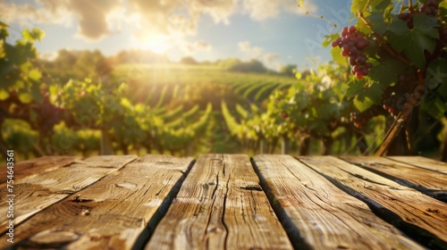Wooden table top with copy space. Vineyard background © Jane Kelly