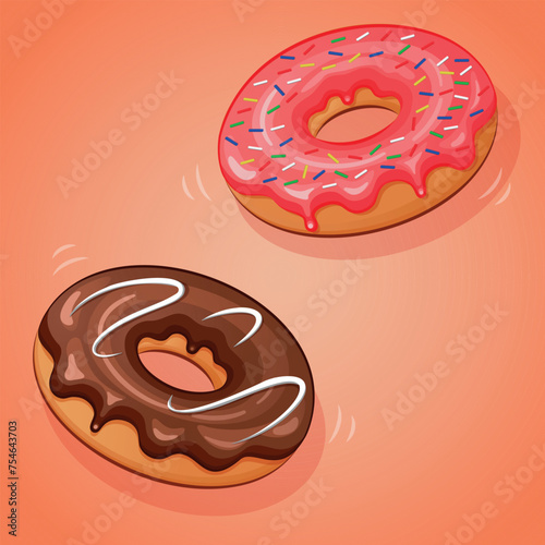 Cartoon bright chocolate and pink glazed donuts wallpaper design illustration. Vector cute sweet food art