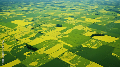 Aerial top view of panorama seen from above plain  cultivated land divided into geometric shapes on spring background