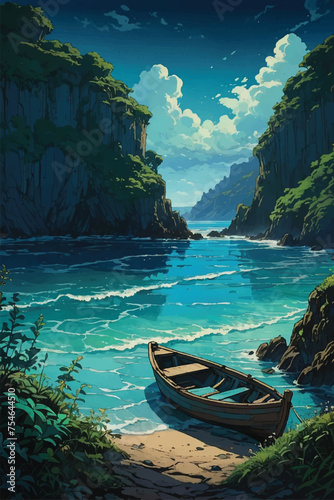 A small boat on a seashore with a tropical mountain view