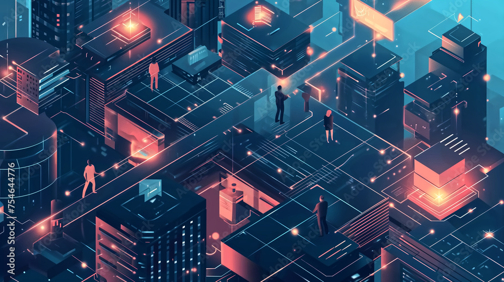 Isometric view of a futuristic city with glowing neon lines and digital elements, highlighting advanced urban networking.
