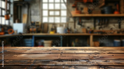 Wooden table top with copy space. Workshop background photo