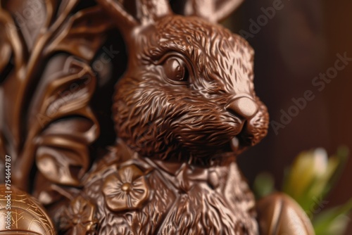 An Exquisite Close-Up Shot of a Gourmet Chocolate Easter Bunny, Perfect for Sweetening Your Spring Celebrations