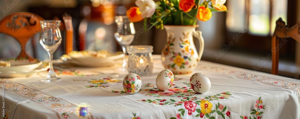 Fototapeta premium Elegant Easter Dining: A Handcrafted Tablecloth Featuring Delicate Egg Embroidery for Spring Celebrations