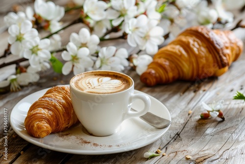 Easter Breakfast Delights: Warm Coffee and Flaky Croissants on a Sunlit Wooden Table