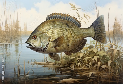 Portrait of fish, brown green coloured with black spotted markings out of water beside calm river and foilage and plants in the background