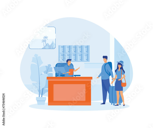 Hotel scene with couple checking in. Man and woman at reception counter with luggage, receptionist giving key from room. People staying at modern hotel. flat vector modern illustration