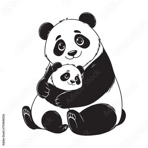 line art of mother panda hugging baby panda with love