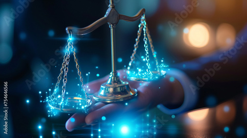 AI Fairness Integration: Professionals Balancing Scales of Justice with Holographic AI Icons, Contemporary Style, Versatile Usage, Vibrant Colors, Clean Composition, High Resolution,