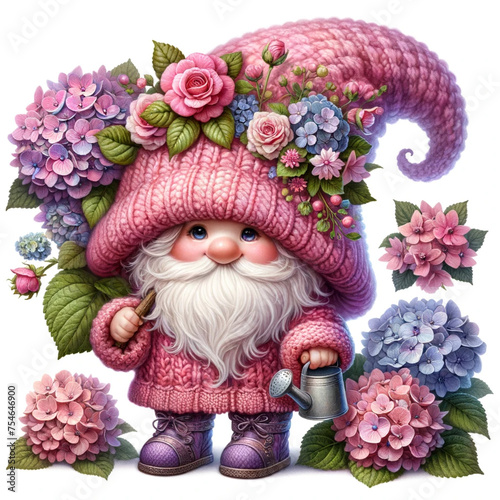 charming gnome character with hydrangeas, Cute gnome with a basket of hydrangea flowers