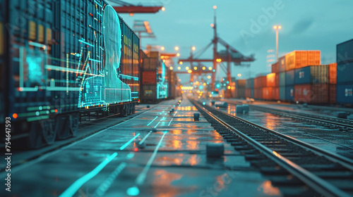 AI-Driven Freight Ecosystem: Holographic AI Icons Amid Industrial Cargo Scene, Future of Freight Visualization, Contemporary Style, Versatile Usage, Vibrant Colors, Clean Composition, 