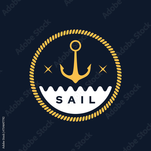 Sea logo with anchor and waves over dark background. Vector illustration in flat style. Suitable for retro sailing or ocean identity. 