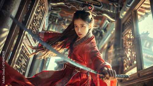 Photo of the beautiful female protagonist in a red Hanfu holding a sword and flying through an ancient palace gate. Her long hair is fluttering as her sharp eyes look at the camera.