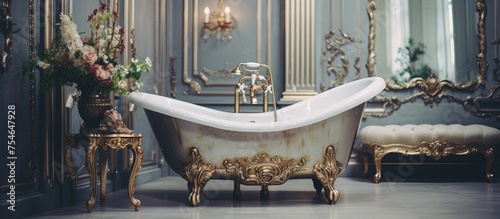 A luxurious bathroom featuring a vintage claw foot tub as the focal point. The tub is surrounded by elegant decor, including ornate fixtures and classic tiling. photo