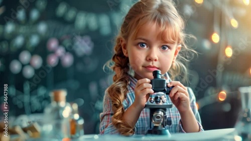 A cute little girl holds a microscope and holds a laboratory flask with a scientist testing water at school as an educational concept