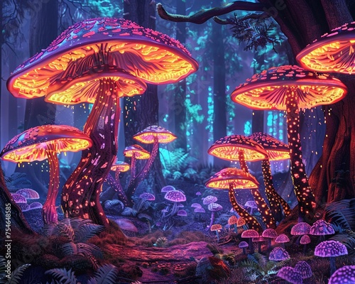 Step into a magical forest illuminated by neon-colored poisonous mushrooms casting an ethereal glow that lights up the mystical