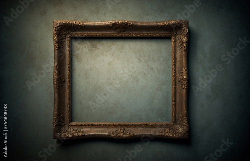 Old wooden photo frame with dark grunge wall and vignette corners. Wooden photo frame template.
