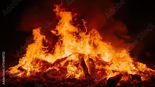 Intense fire flames consuming wood in a dramatic night setting