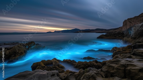 Ethereal seascape with glowing bioluminescent waves at dusk