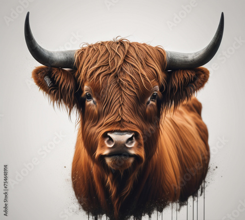 A painting of a cow with long horns and long hair. 