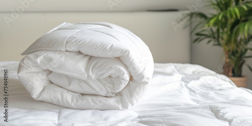A white folded duvet on a bed, with a lush potted plant in the background, portrays a fresh and clean bedroom atmosphere.