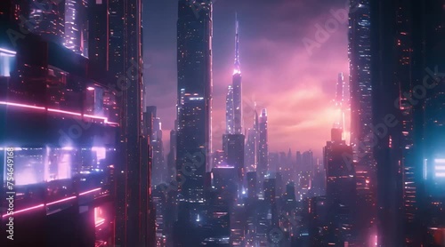 Night time in a futuristic fantasy world cyberpunk city featuring spectacular skyscrapers