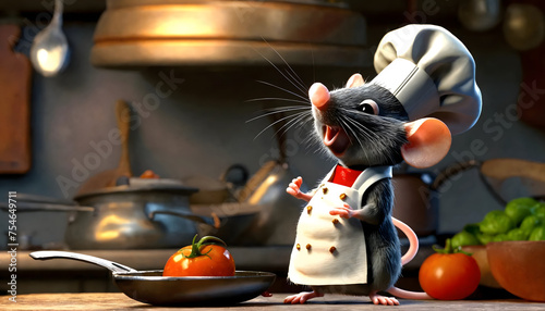 A mouse look like a cooking chef, funny and pro like ratatouille photo