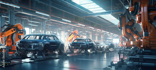 A high-tech robot assembles cars in a factory, Holography, High and short depth of field, cartoon style, 2K, high detail 