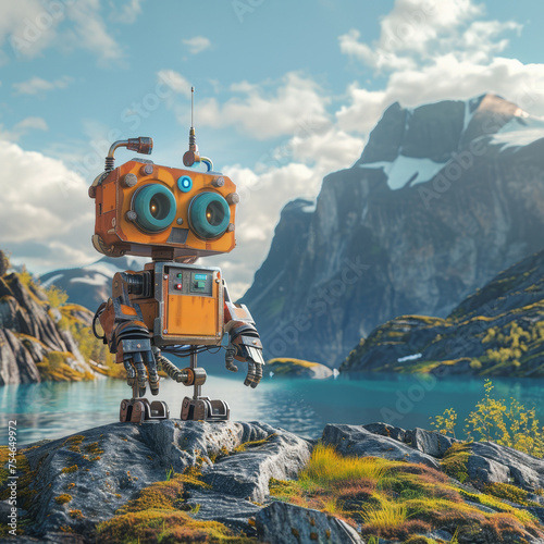Orange robot in a scenic mountain landscape by a lake 3d style © kitinut