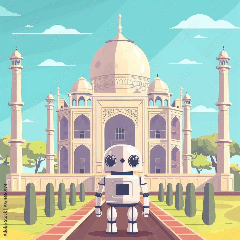 Cartoon robot in front of the Taj Mahal under a clear sky 3d style