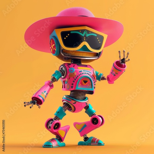 A colorful robot wearing a large pink hat and sunglasses giving a peace sign 3d style