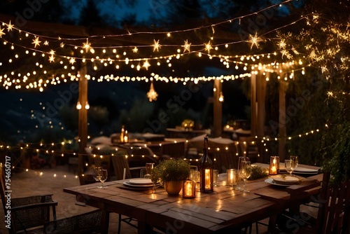 An image of twinkling fairy lights adorning a rustic outdoor patio.