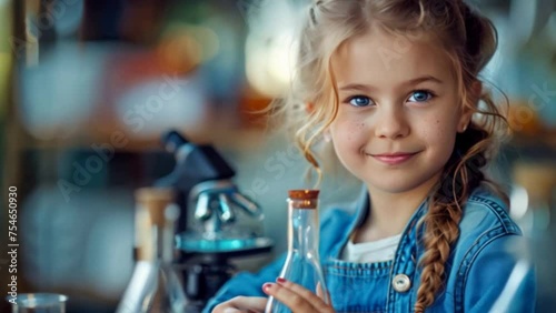 A cute little girl holds a microscope and holds a laboratory flask with a scientist testing water at school as an educational concept
