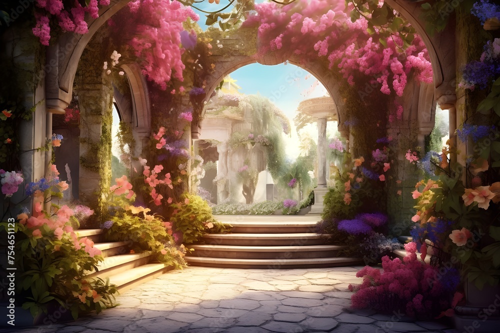 There is a painting of a garden with a fountain and a stone path There is a painting of a garden with a fountain and a stone path