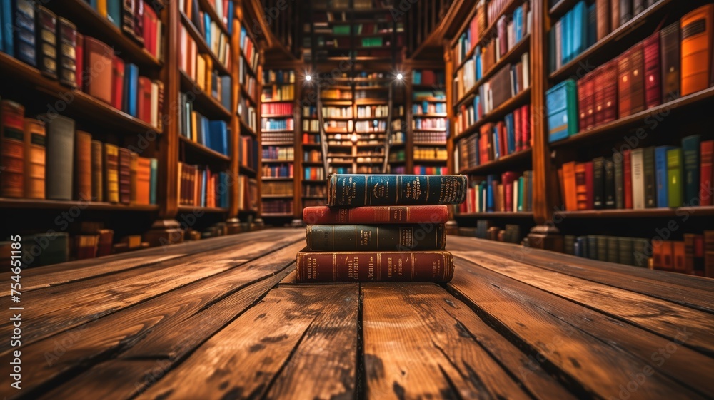 Stacked books on wooden table in classic library setting Stacked books on wooden table in classic library setting